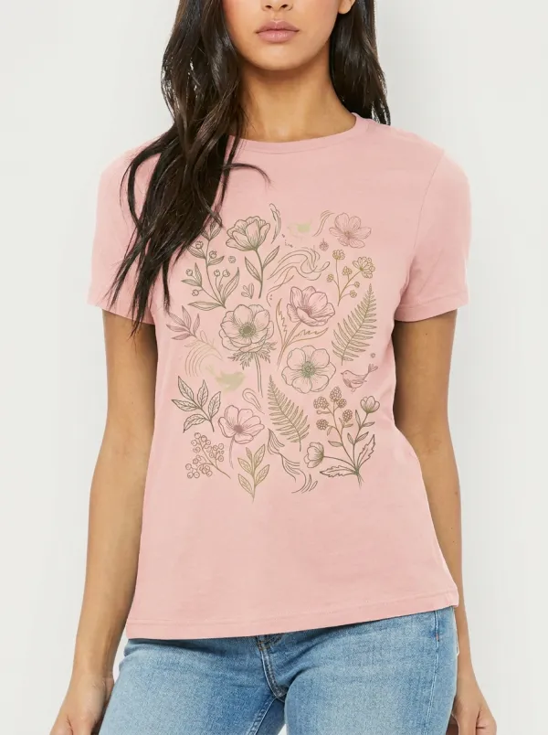 Women's Botanical Bird Floral Line Art Printed T-shirt