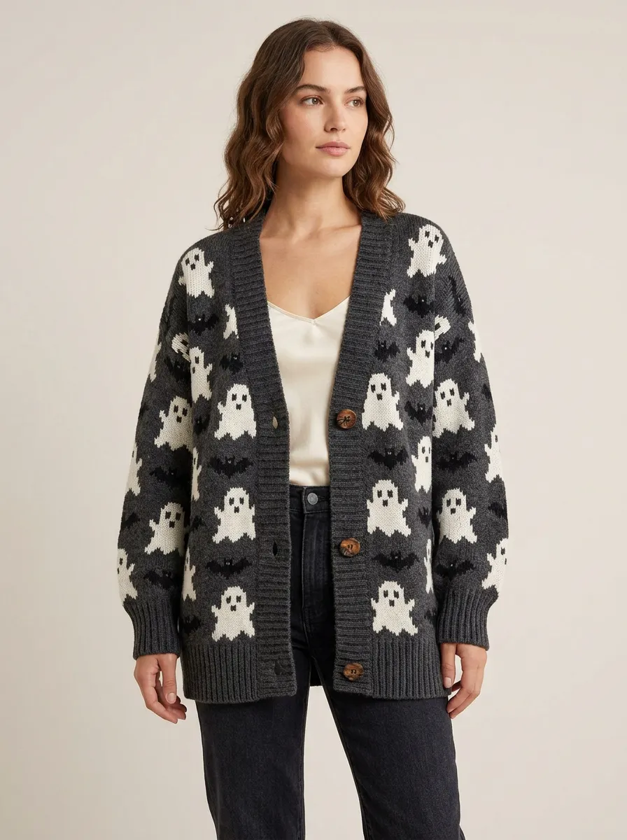 Women's Halloween Ghost Bat Pattern Knitted Cardigan