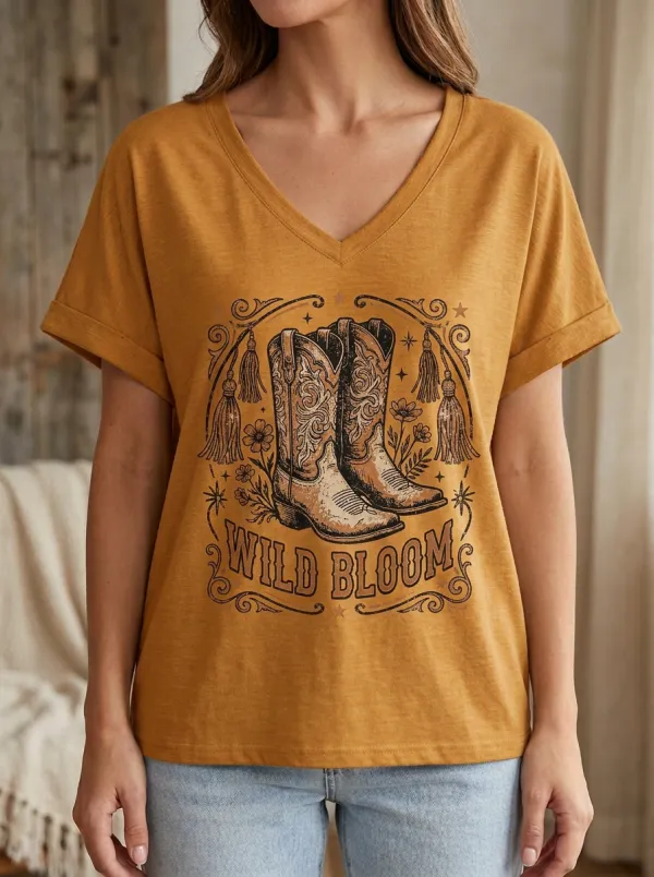 Cowboy-Boot Floral Wild-Bloom Western V-Neck T-Shirt