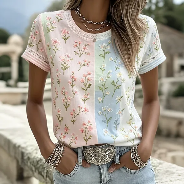 Women's Casual Short-Sleeve T-Shirt with Floral Art Print