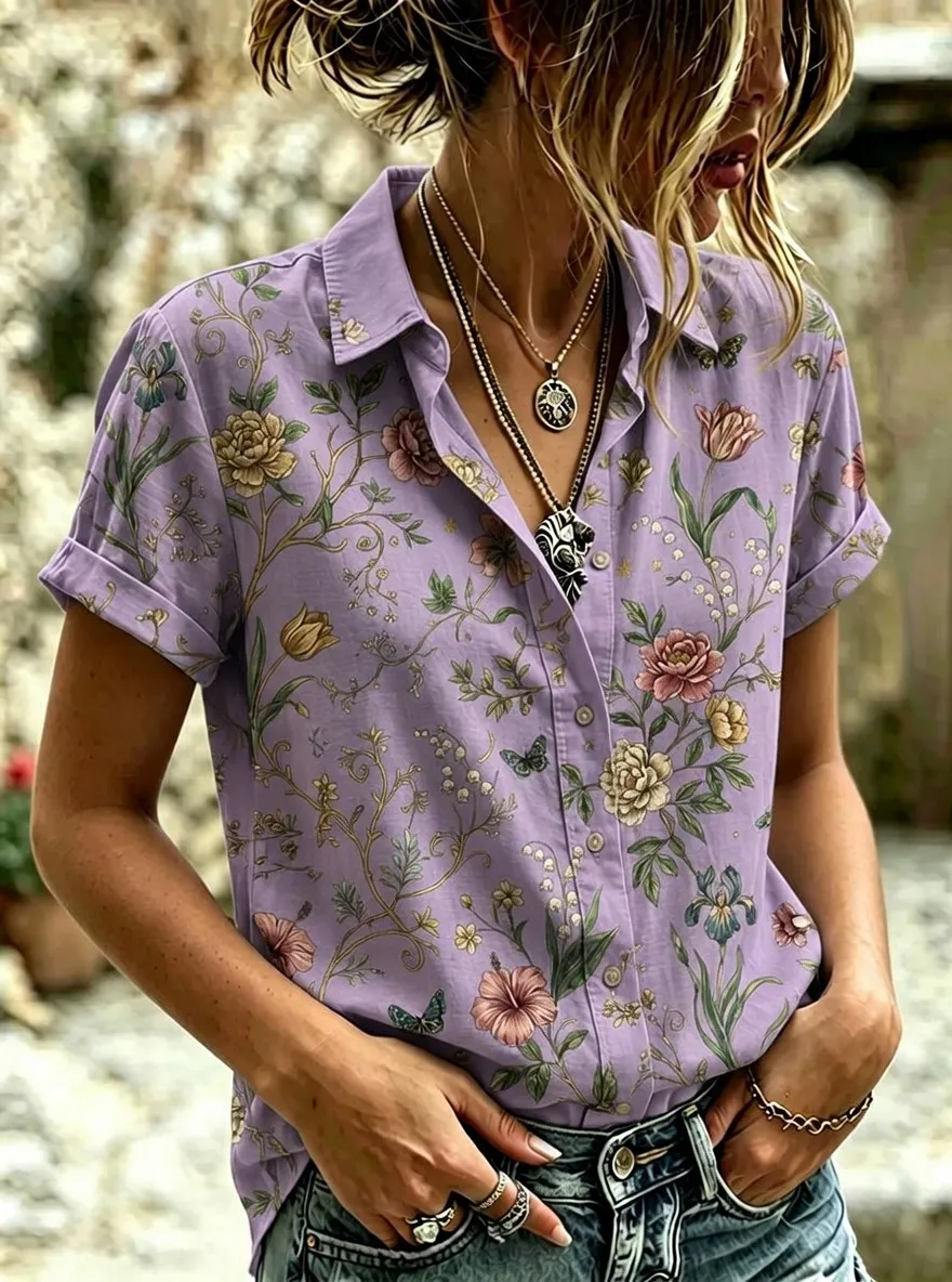 Women's Botanical Floral Vintage Garden Printed Short Sleeve Shirt