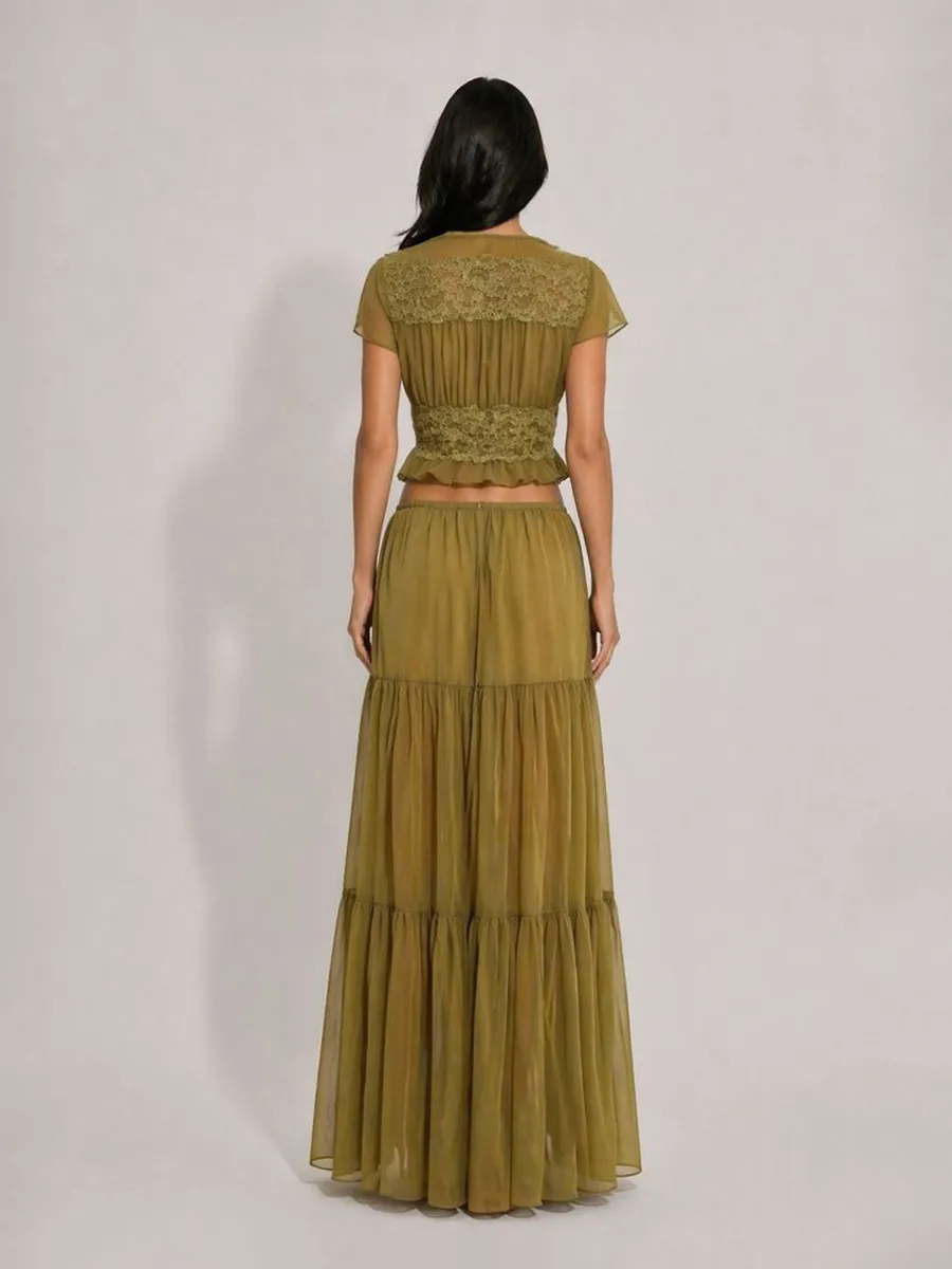 Mariana Mesh & Lace Deep V-Neck Maxi Skirt Set with Ruffles