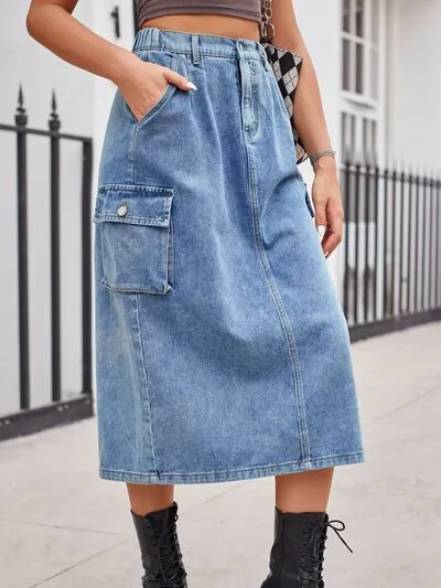 Relaxed Slit Buttoned Denim Pockets Skirt