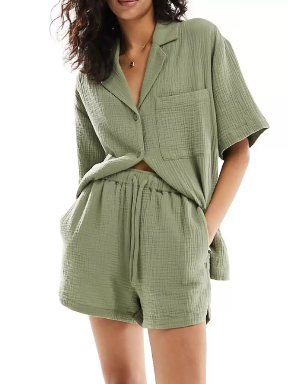 Relaxed Fit Button Up Shirt Shorts Set