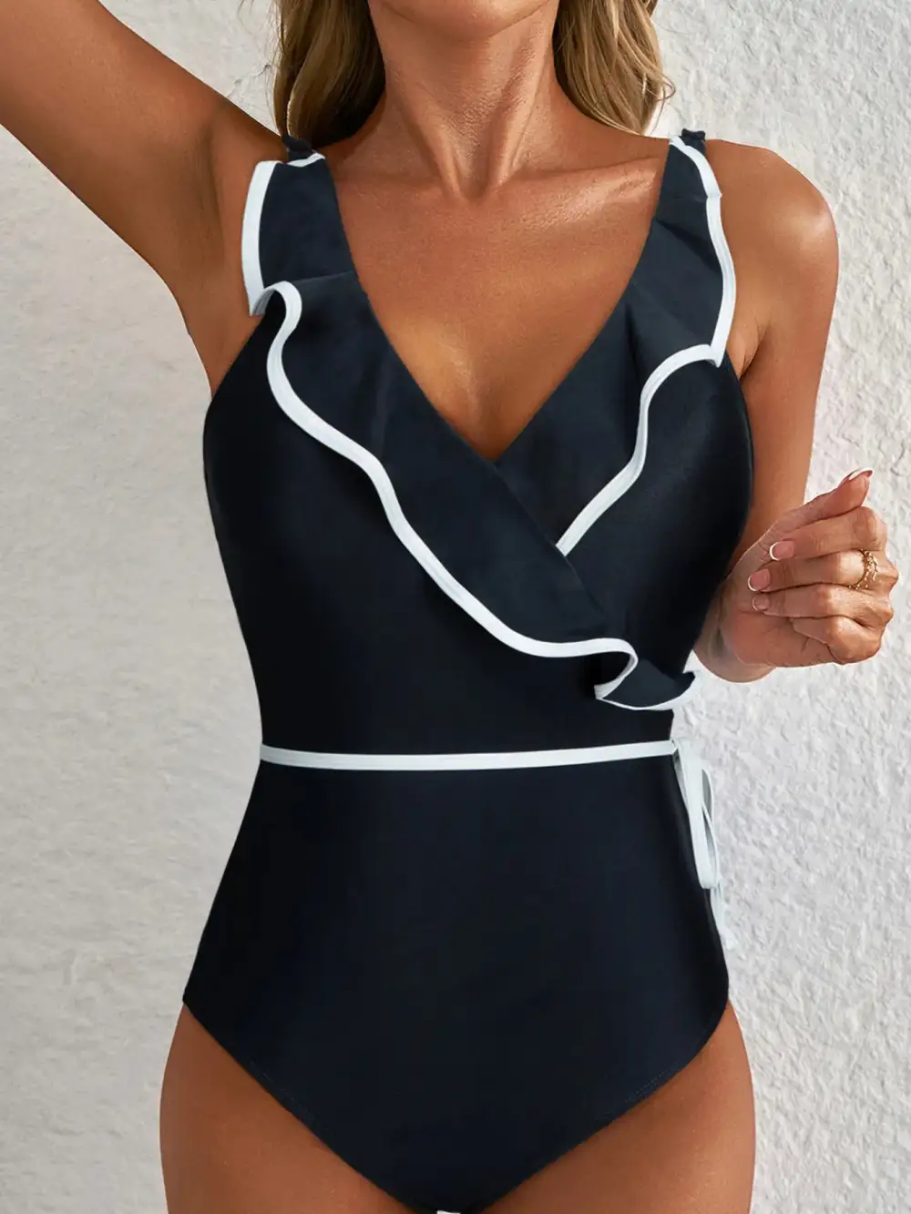Ruffle Trim V Neck One Piece Swimsuit
