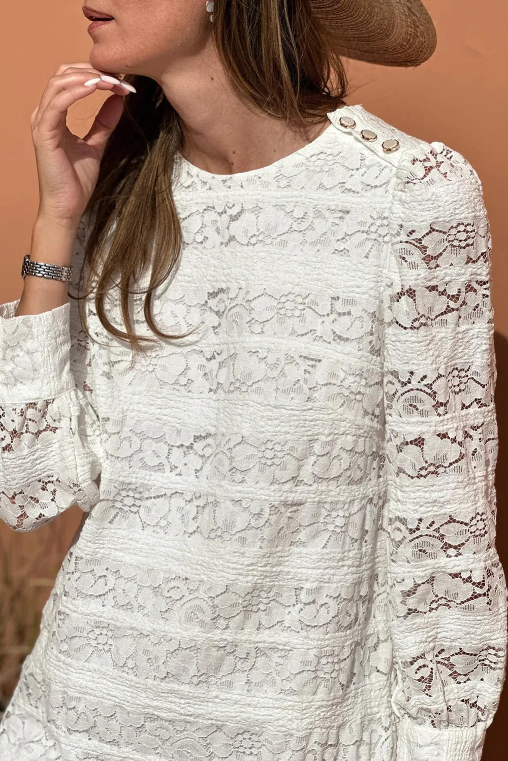 Lace Crochet Round Neck Puff Sleeve Shift Mini Dress