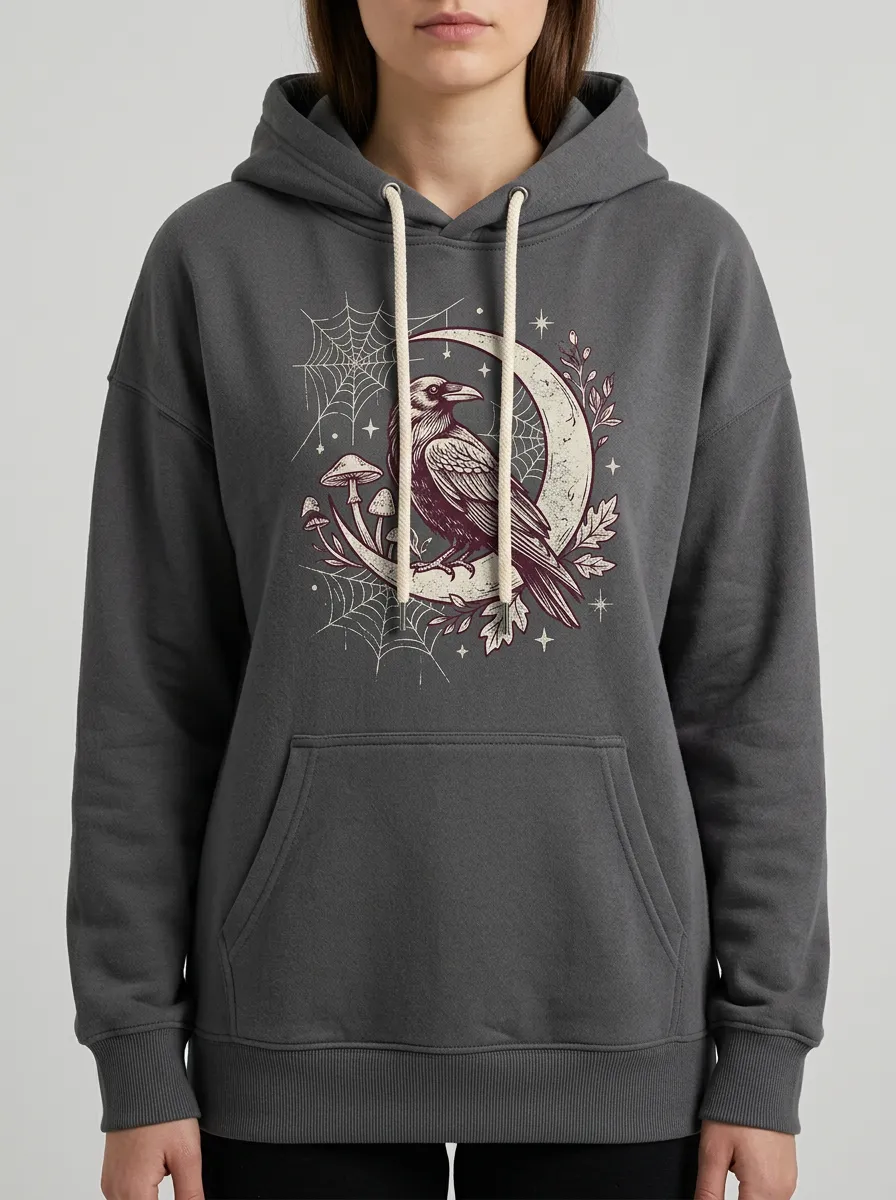 Women's Halloween Gothic Raven Moon Mushroom Printed Hoodie