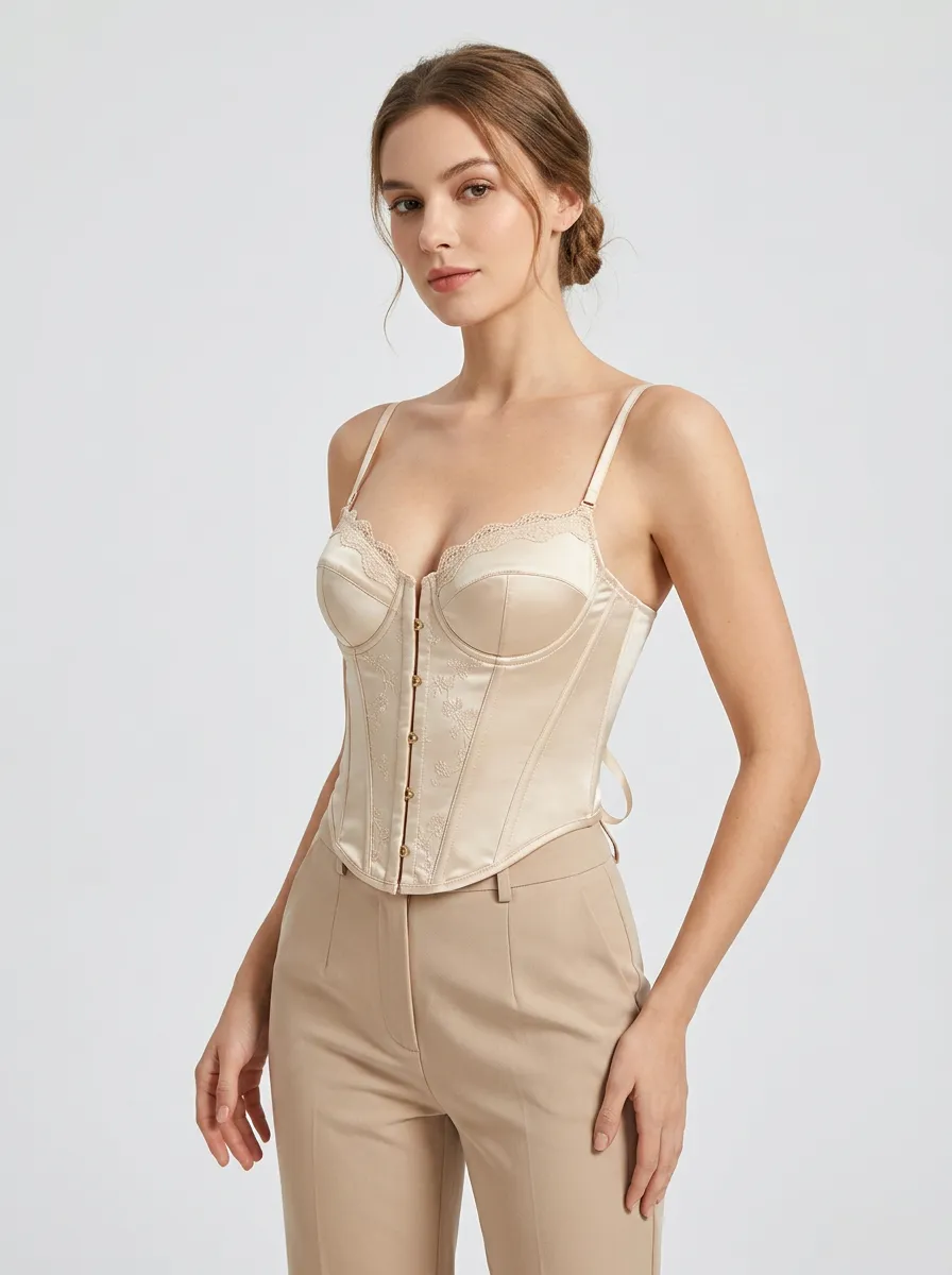 Lace-Trim Satin-Look Hook-Front Women's Corset Top