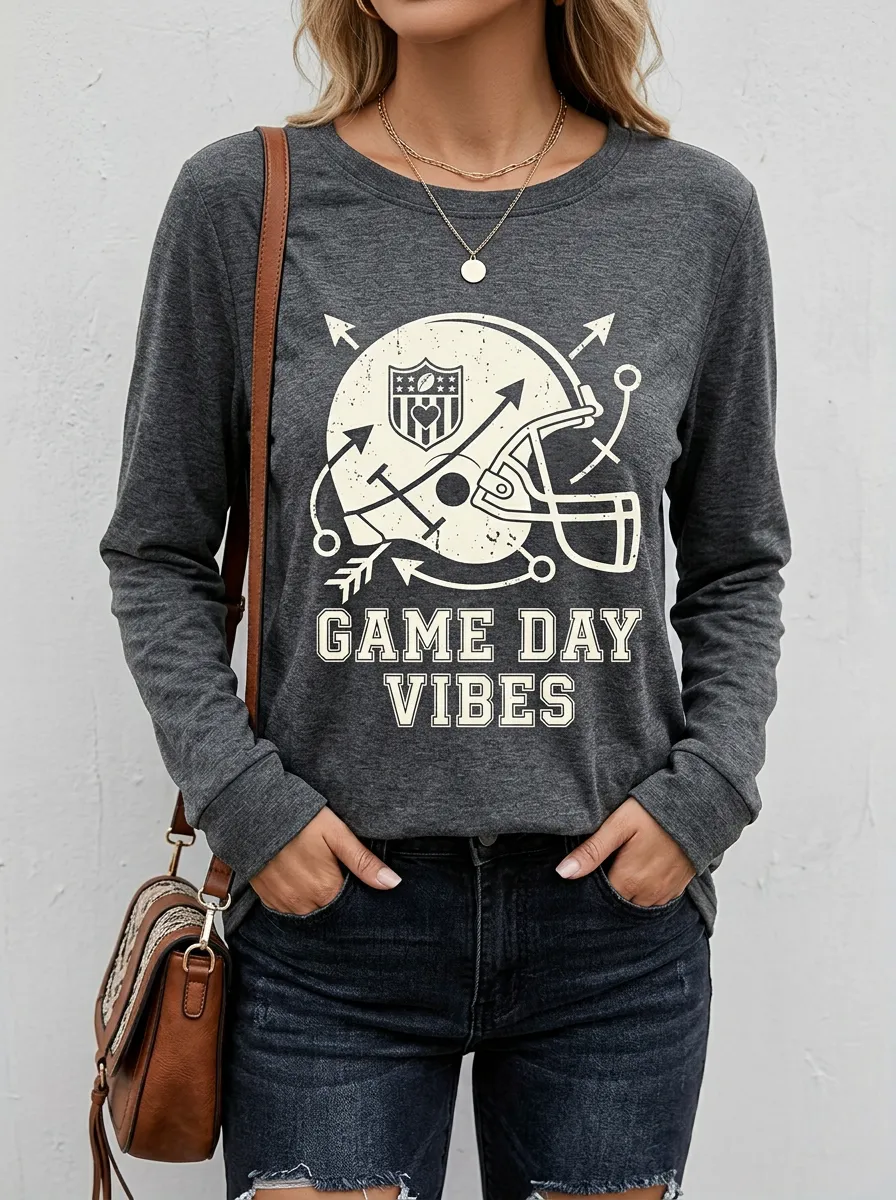 Women's Football Fan Game Day Vibes Helmet Printed Long Sleeve Shirt