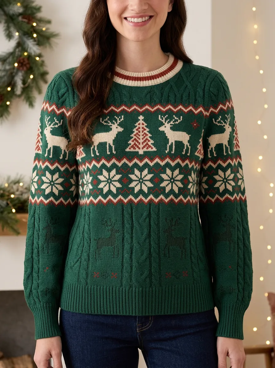 Festive Christmas Reindeer Snowflake Pattern Knitted Sweater