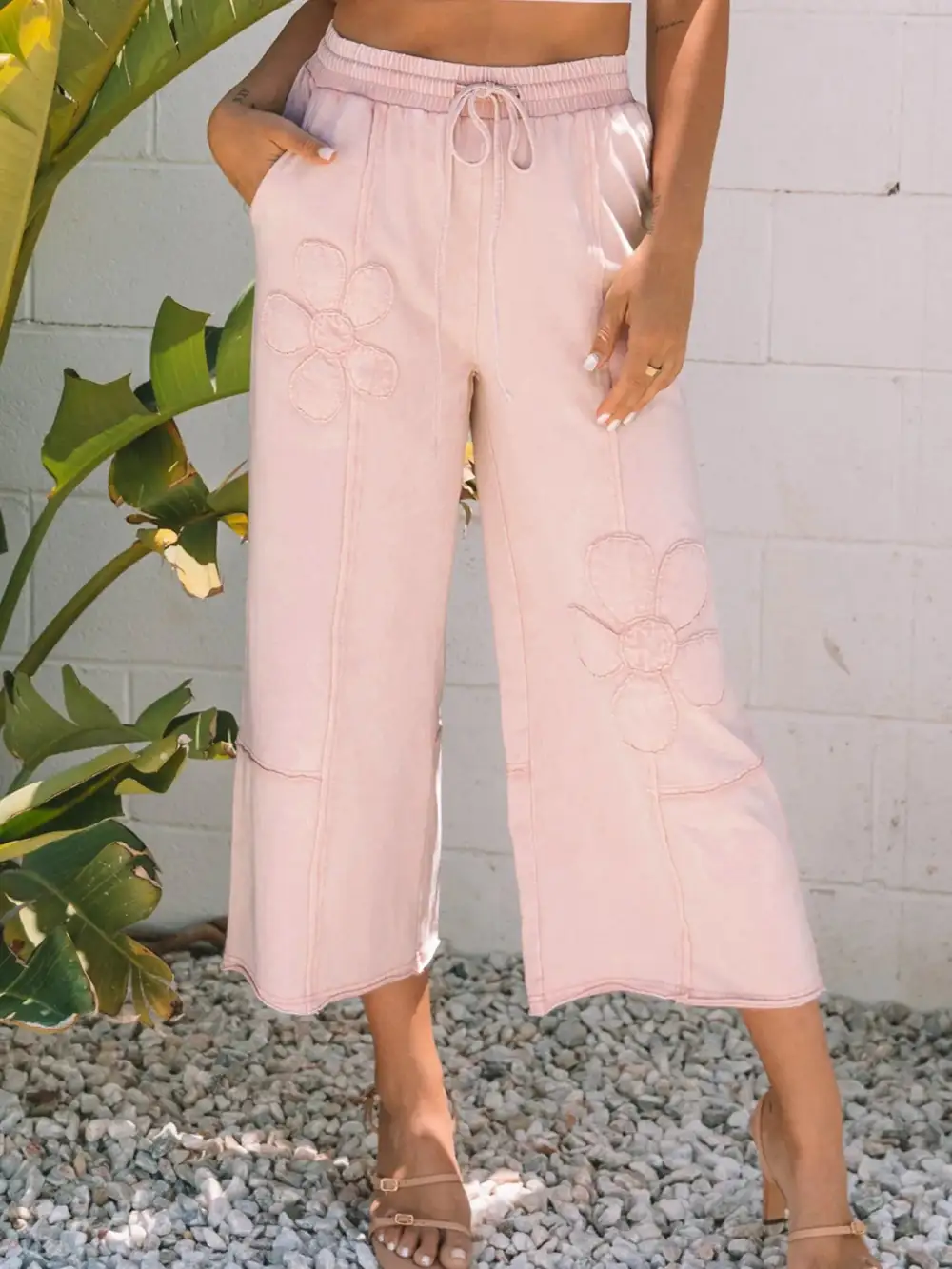 Floral Wide Leg Crop Pants With Drawstring Waistband