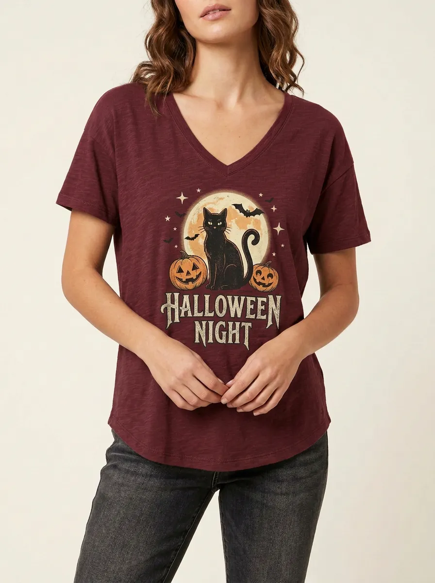 Women's Halloween Night Black Cat Pumpkin Moon Printed V-neck T-shirt