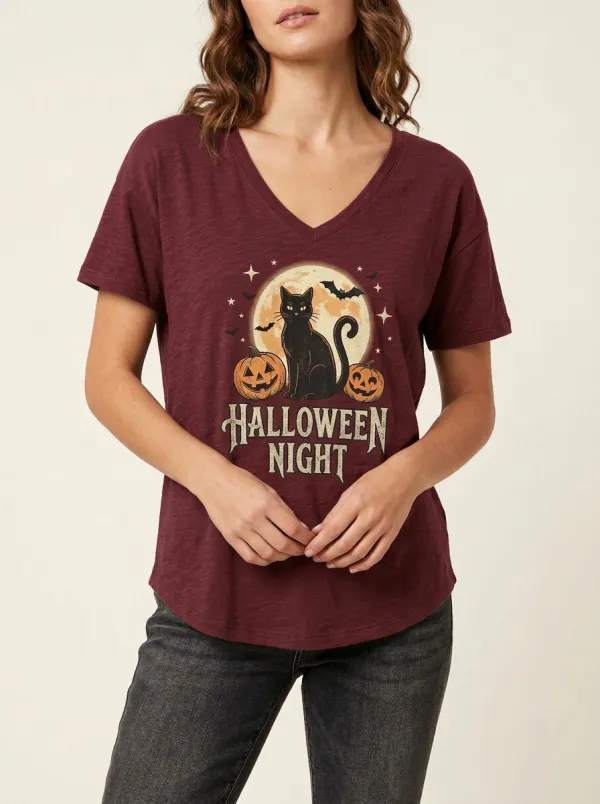 Women's Halloween Night Black Cat Pumpkin Moon Printed V-neck T-shirt
