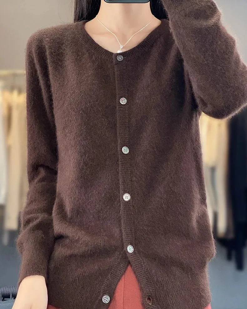 Classic Mink-Cashmere Cashmere Button-Front Crew-Neck Cardigan