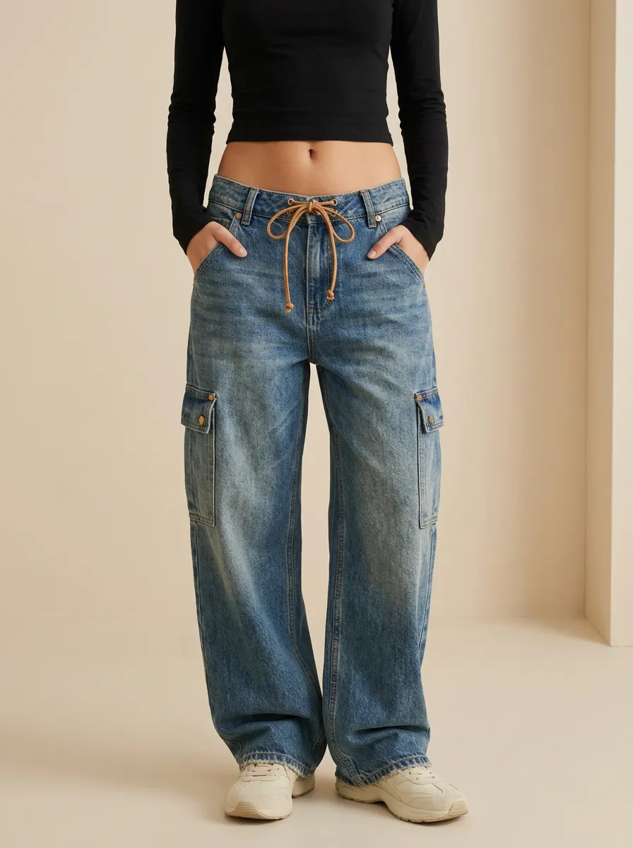Women's Casual Streetwear Drawstring Waist Cargo Denim Pants