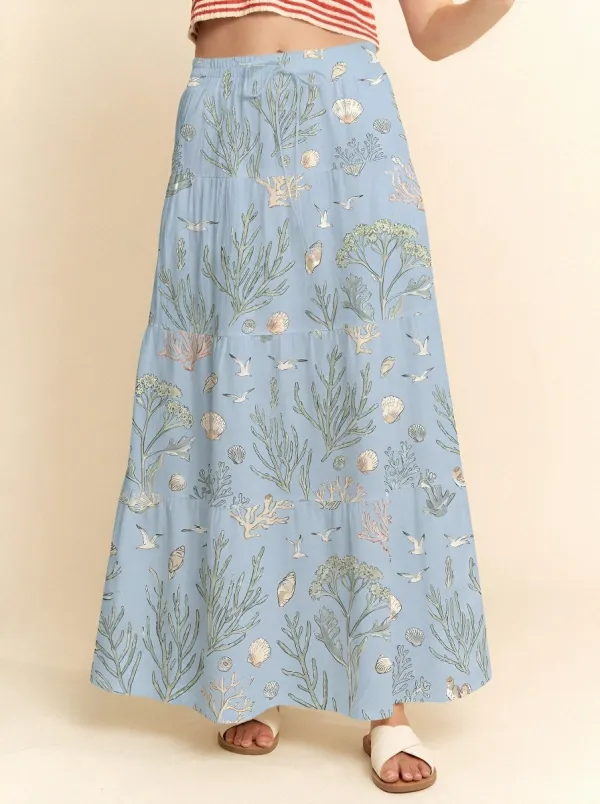 Women's Beach Lover Coral Seashell Seagull Printed Maxi Skirt