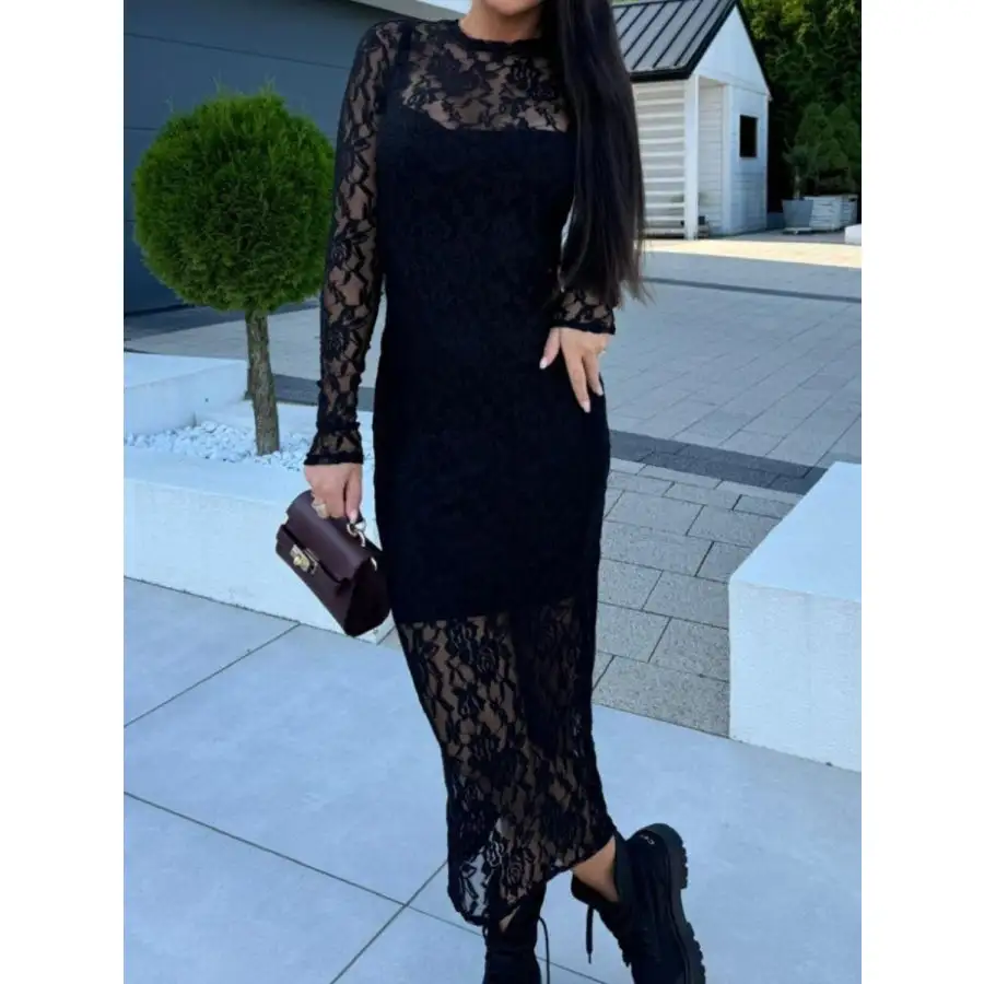 Lace Round Neck Long Sleeve Midi Dress