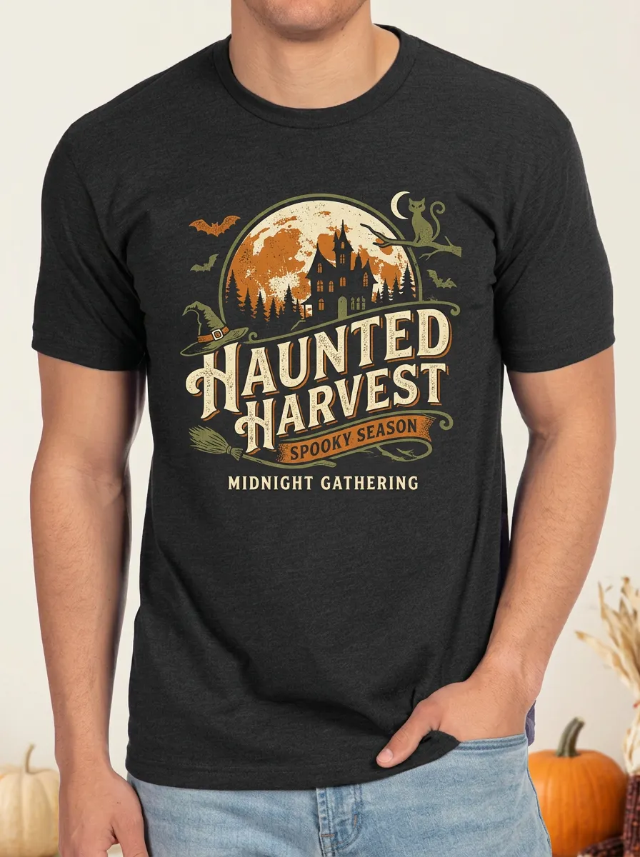 Men's Halloween Haunted Harvest Moon Cat Printed T-shirt