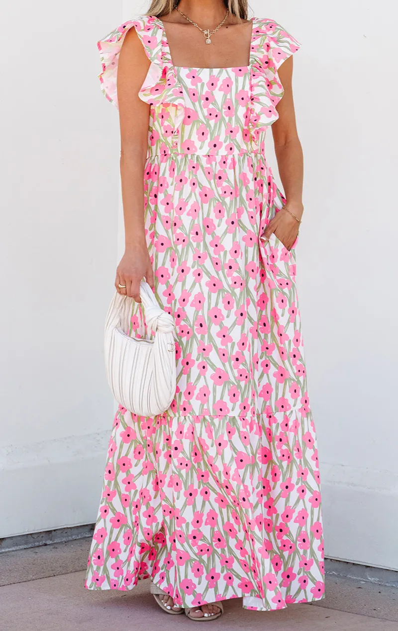 Relaxed Floral Print Square Neck Ruffled Strap Maxi Dress