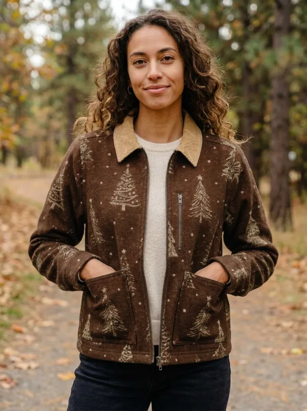Festive Christmas Holiday Pine Tree Pattern Print Jacket