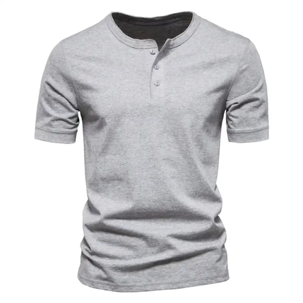 Men's Tailored Short-Sleeve Henley Shirt Cotton Blend With Button Placket