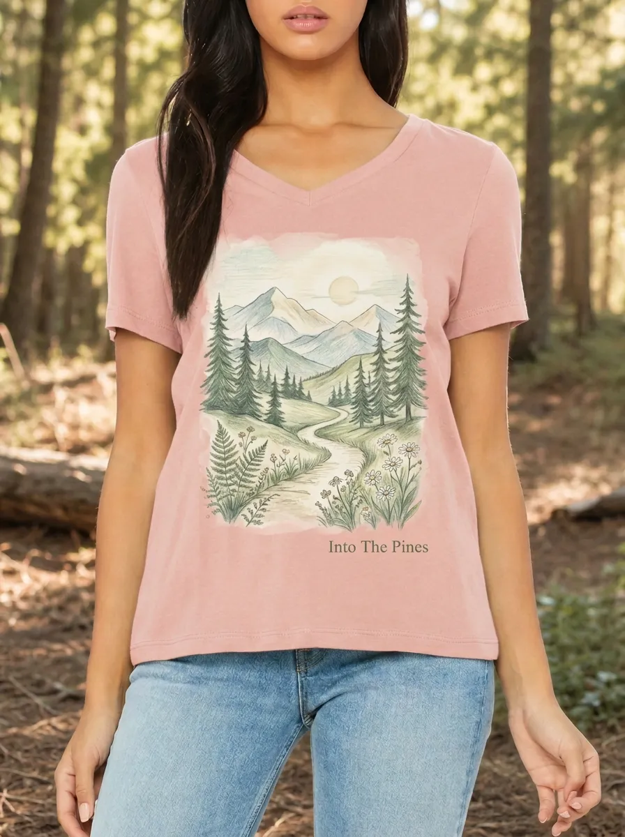 Women's Nature Lover Mountain Forest Path Printed V-neck T-shirt