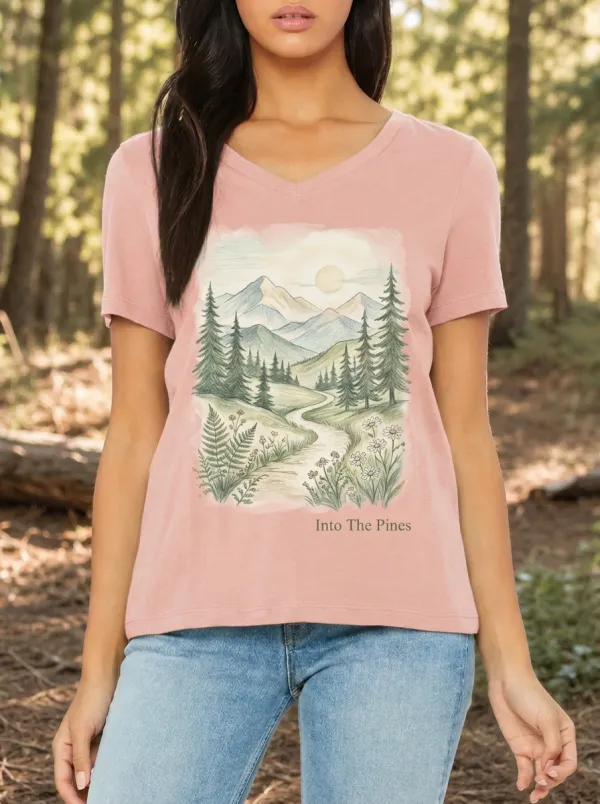 Women's Nature Lover Mountain Forest Path Printed V-neck T-shirt