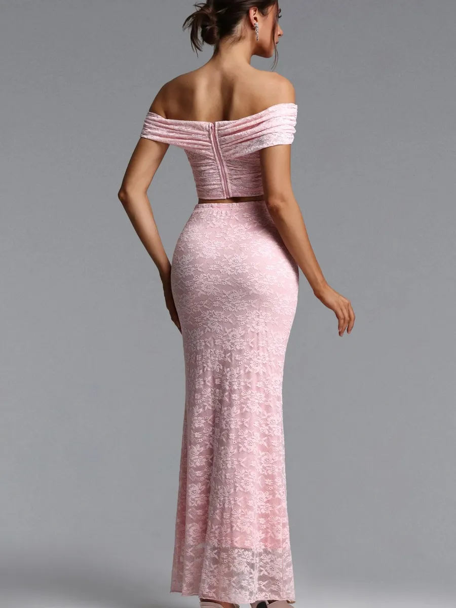 Mia  Lace Off-the-Shoulder Crop Top & Mermaid Skirt Set In Pink