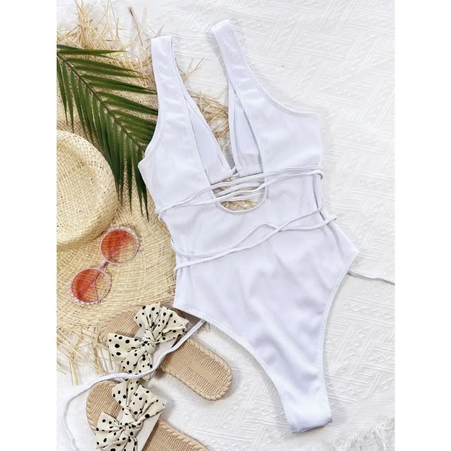 Women's Ribbed Lace-Up One-Piece Swimsuit