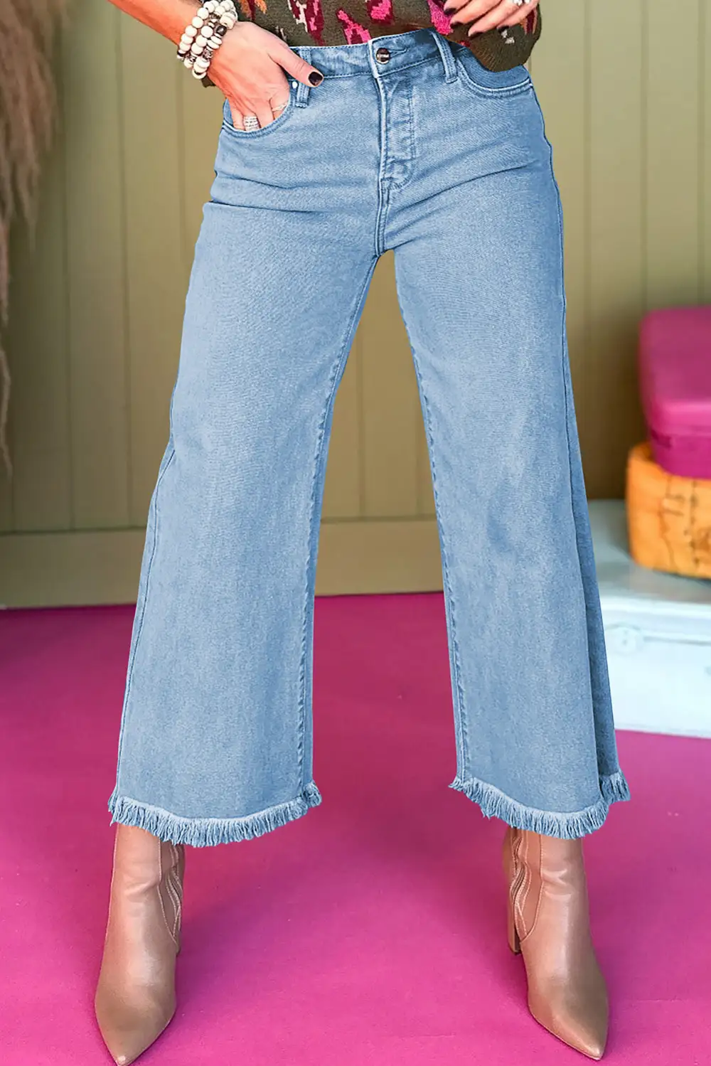 Classic High Waist Wide Leg Washed Denim Jeans