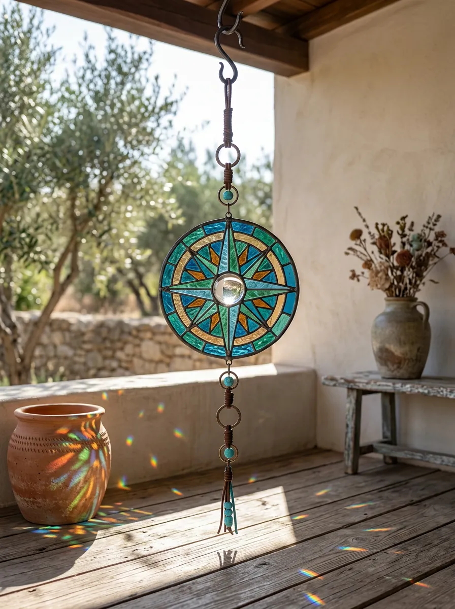 Boho Compass Stained Glass Crystal Suncatcher