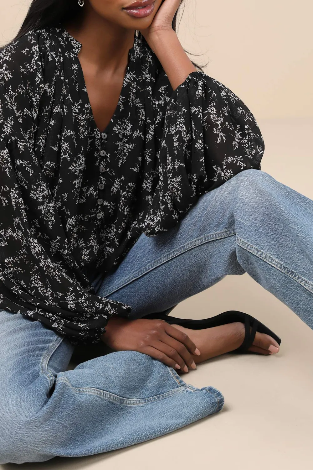 Casual Style Long Sleeve  Multi Floral Print Top