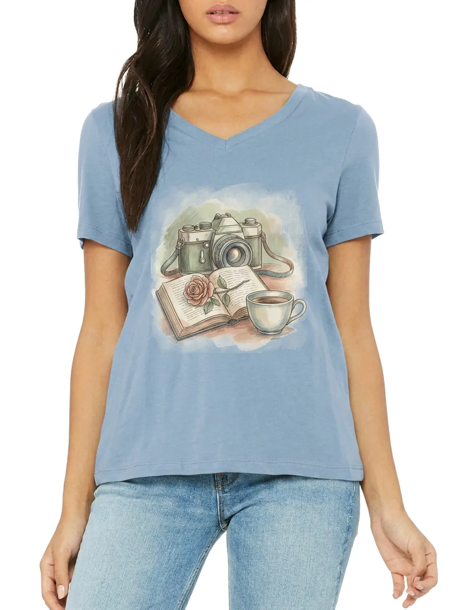 Women's Photography Book Coffee Rose Printed V-neck T-shirt