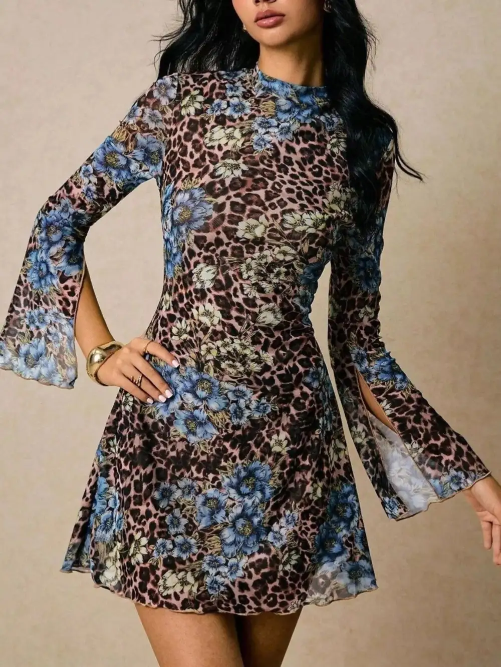 Floral Animal Print Slit Mini Dress