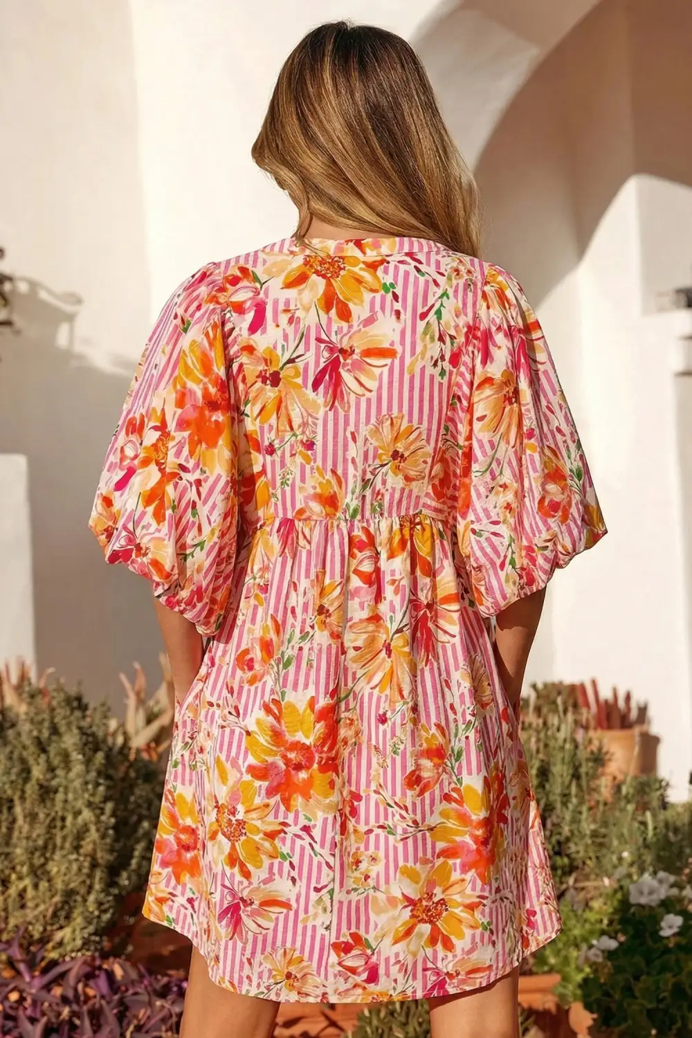 Floral Striped Puff Sleeve Mini Dress