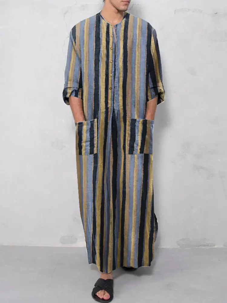 Men's Casual Kaftan Linen Blend With Button Placket And Patch Pockets