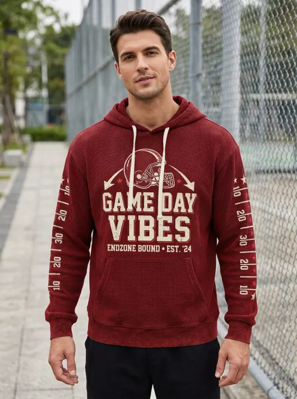 Men's Football Game Day Vibes Helmet Printed Waffle Hoodie