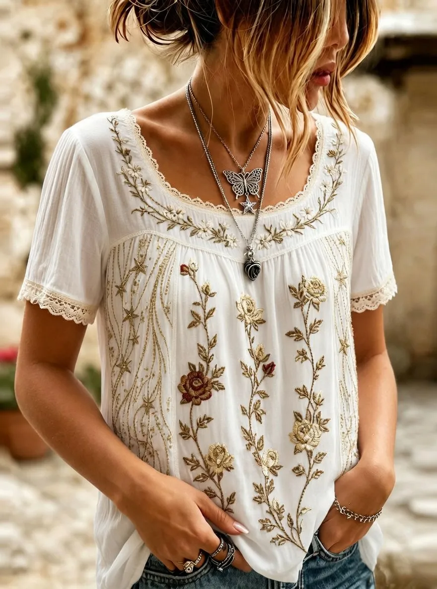 Women's Floral Bohemian Star Embroidered Printed Short Sleeve T-shirt