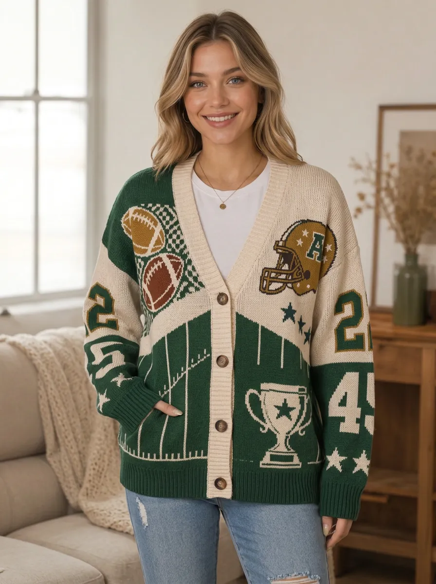 Women's Football Green and Cream Football Graphic Knit Cardigan