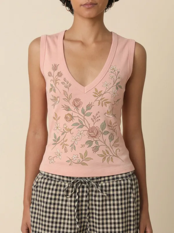 Women's Floral Bird Botanical Art Printed V-neck Tank Top