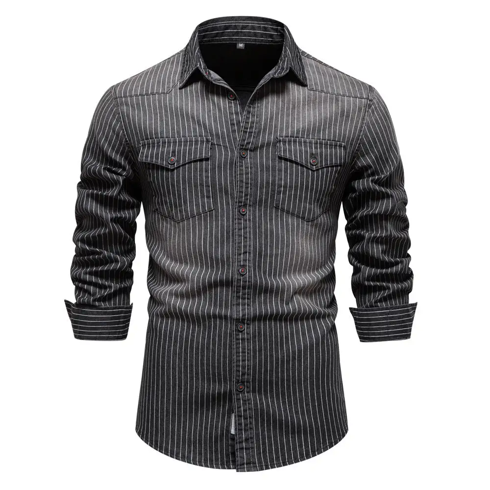 Men's Tailored Long-Sleeve Denim Shirt With Pinstripes And Patch Pockets
