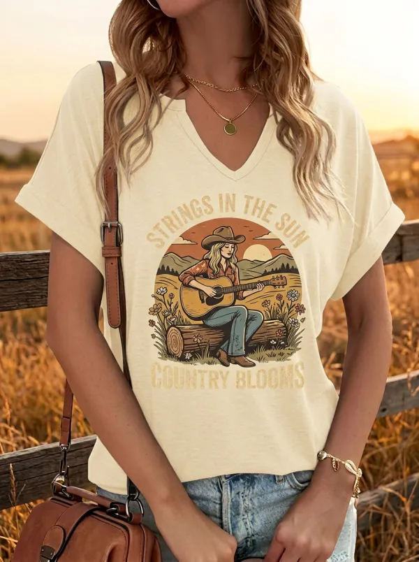 Western Guitar Cowgirl Country Music Graphic T-Shirt