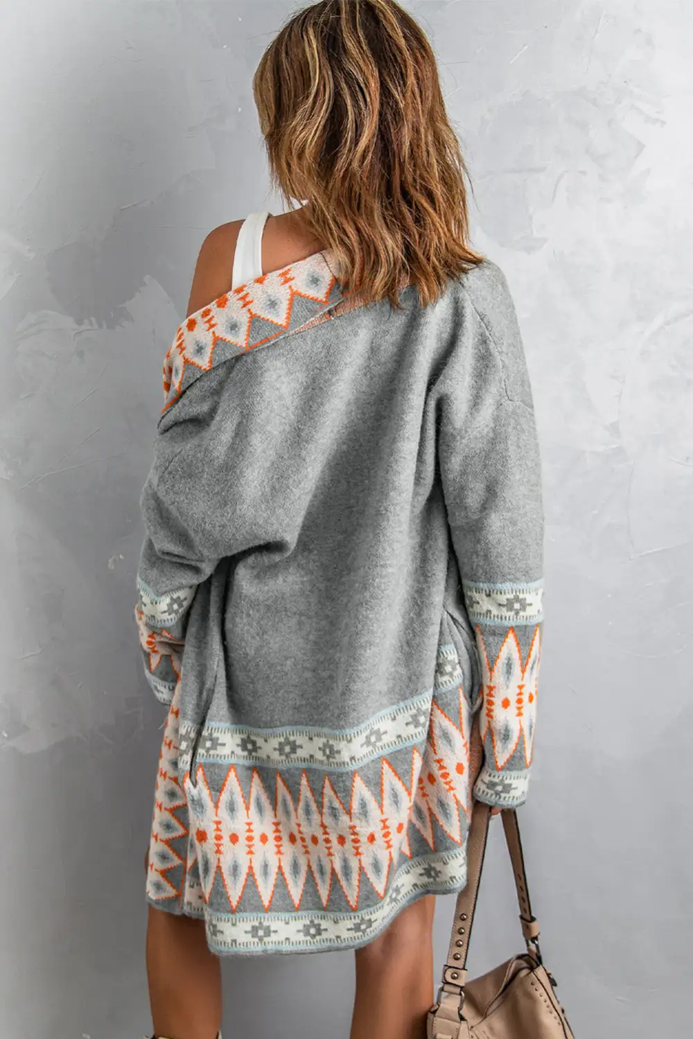 Print Open Front Knit Long Sleeve Cardigan