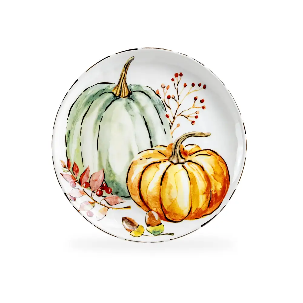 Fall Pumpkins Holly Acorns Stoneware Dessert Plate
