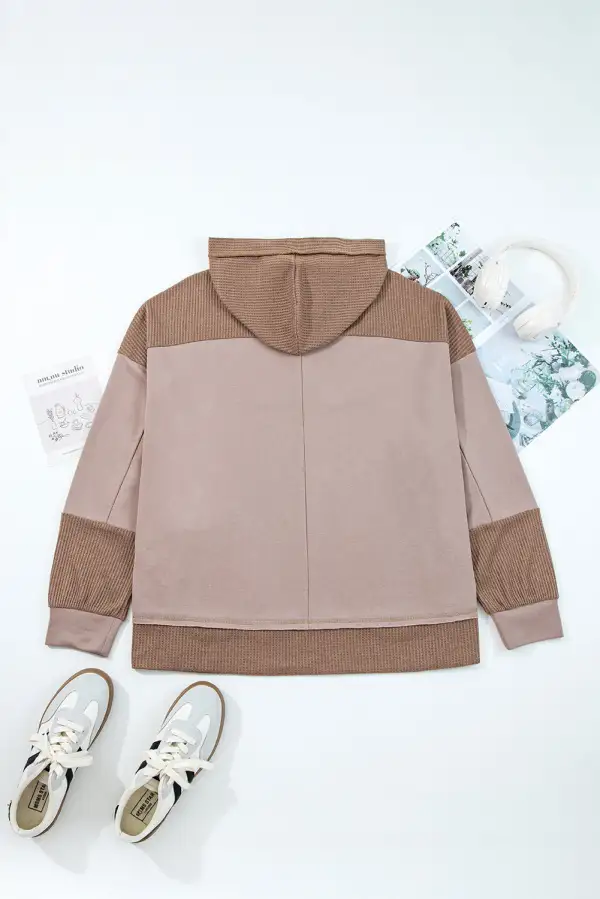 Pocketed Waffle-Textured Knit Patchwork Hoodie