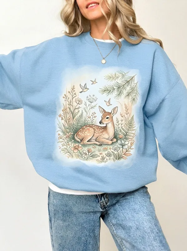 Women's Nature Lover Woodland Fawn Floral Printed Sweatshirt