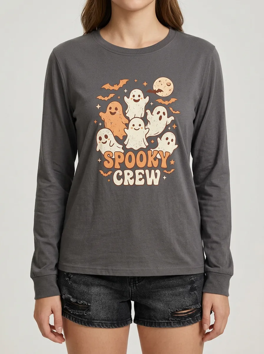 Women's Halloween Spooky Crew Ghost Moon Bats Printed Long Sleeve T-shirt