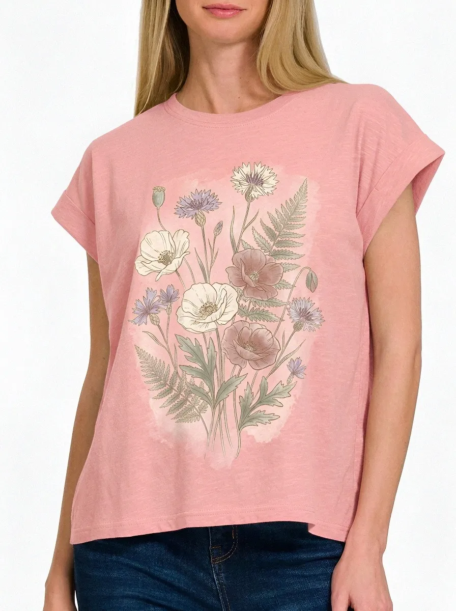 Women's Botanical Nature Lover Wildflower Fern Printed T-shirt