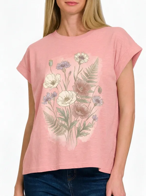 Women's Botanical Nature Lover Wildflower Fern Printed T-shirt