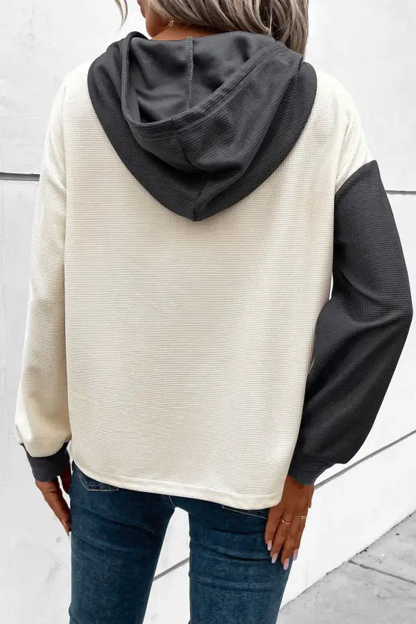 Drawstring Buttoned Drop-Shoulder Waffle-Textured Hoodie